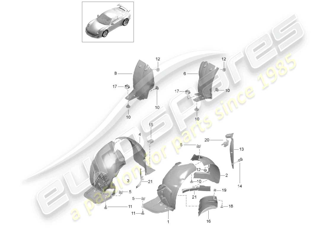porsche 2021 (991-2 r/gt3/rs) schema delle parti dei rivestimenti dei passaruota