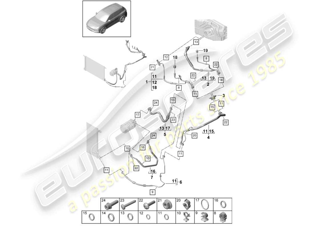 porsche 2024 (cayenne e3 9ya/9yb) schema delle parti della linea refrigerante dell'aria condizionata v8 r134a