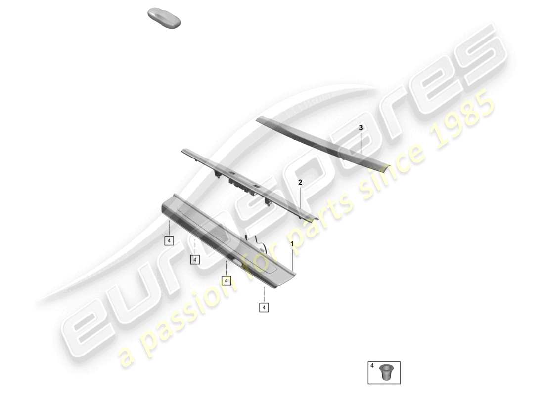 porsche 2021 (718 cayman gt4) schema delle parti della modanatura del davanzale e del rivestimento del longherone