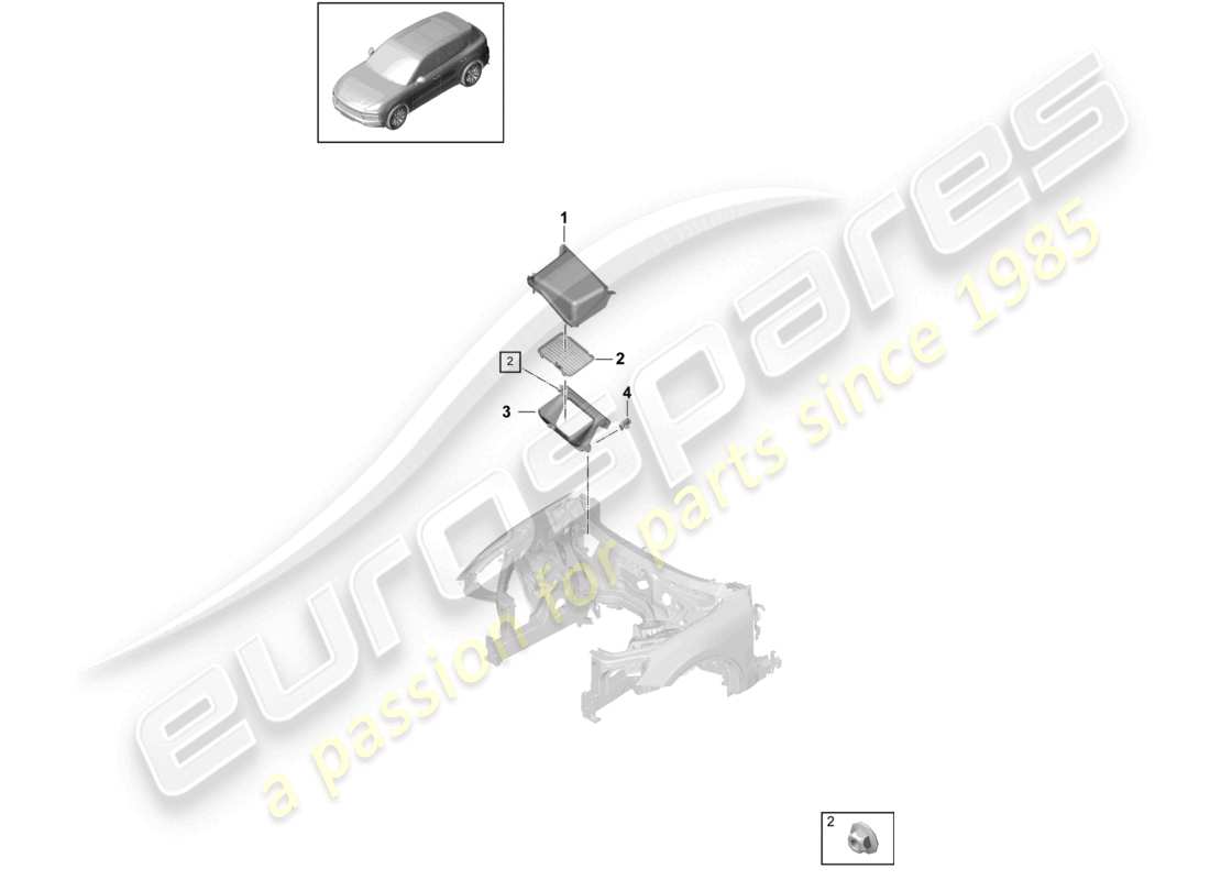 porsche 2021 (cayenne e3 9ya/9yb) schema delle parti dell'alloggiamento di distribuzione dell'aria di aspirazione dell'aria fresca