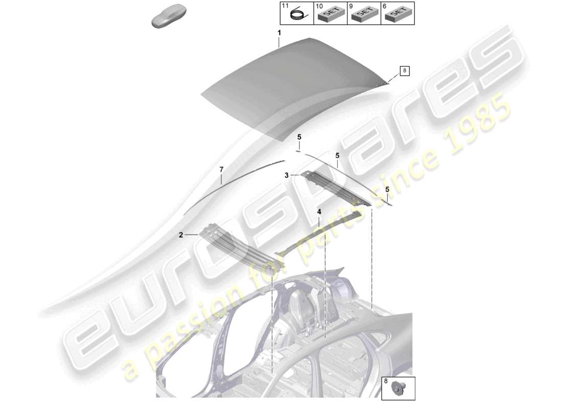porsche 2026 (cayenne e3 pa) schema delle parti della traversa in carbonio del pannello esterno del tetto della coupe
