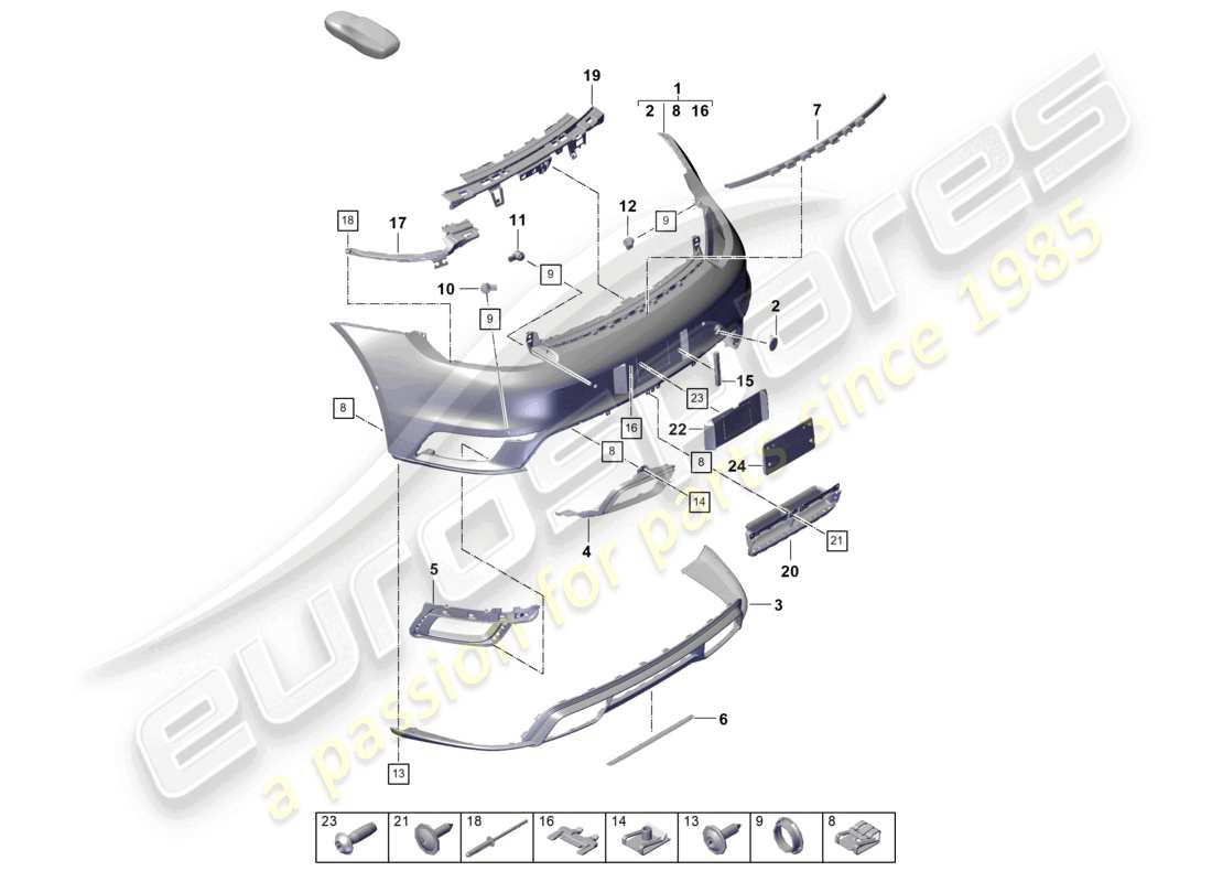 porsche 2026 (992-2 turbo / s) paraurti posteriore con: schema base delle parti degli accessori