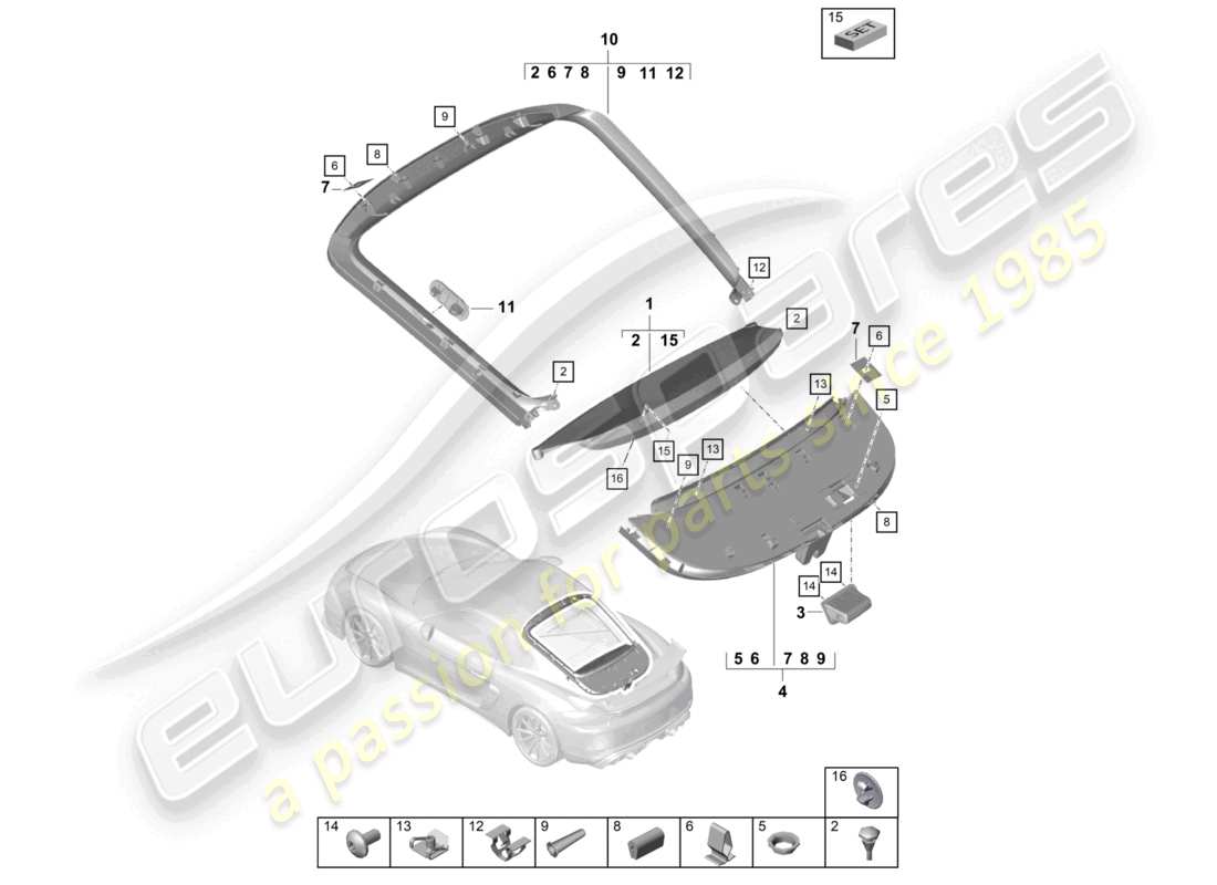 porsche 2021 (718 cayman gt4) schema delle parti del cofano posteriore