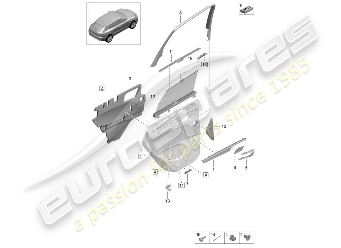 porsche 2021 (macan) schema delle parti del pannello della porta posteriore degli accessori