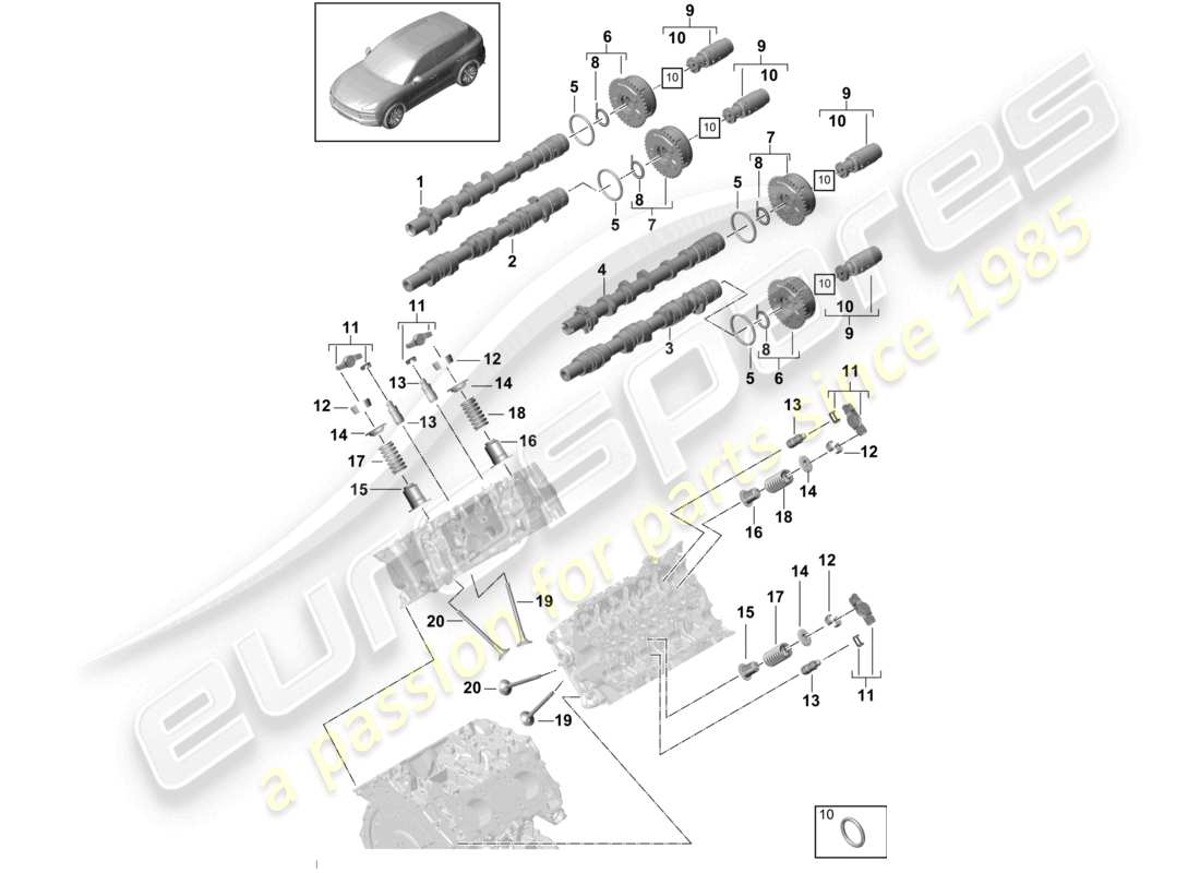 porsche 2021 (cayenne e3 9ya/9yb) albero a camme, valvole, unità di regolazione dell'albero a camme, diagramma delle parti