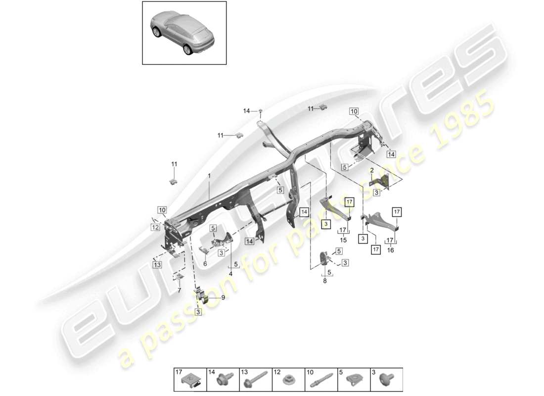 porsche 2021 (macan) schema delle parti del cruscotto del telaio di sostegno