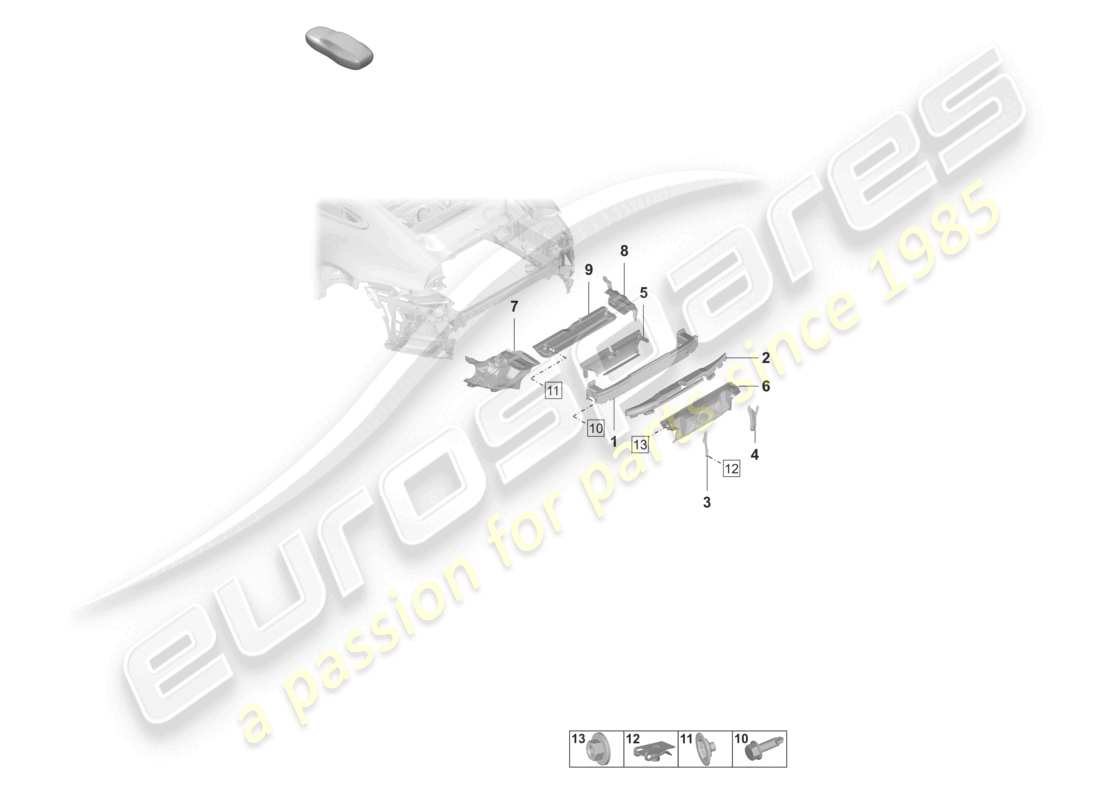 porsche 2021 (992-1) schema dei componenti del pacchetto sport design per paraurti posteriore e scudo termico
