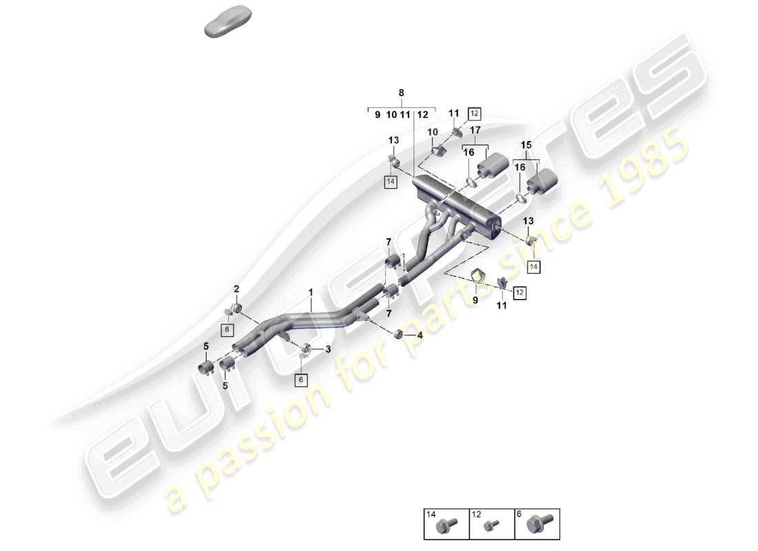 porsche 2026 (cayenne e3 pa) sistema di scarico versione sportiva silenziatore anteriore silenziatore posteriore terminale di scarico schema dei componenti