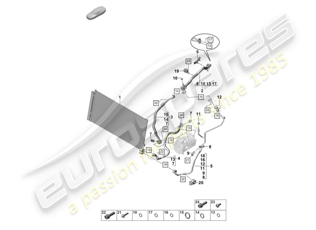 porsche 2024 (panamera 971-2) riscaldamento, sistema di aria condizionata v8 4,0l bt per veicoli con circuito refrigerante a trazione ibrida r1234yf schema delle parti del refrigerante