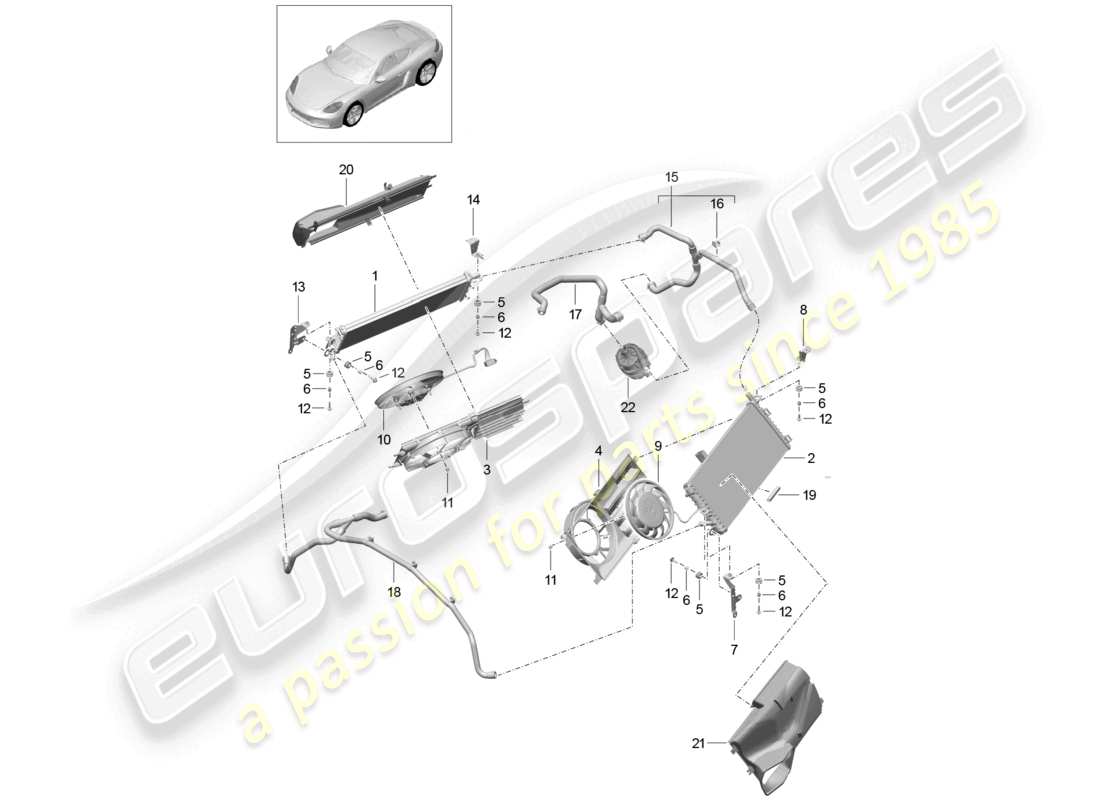 porsche 2023 (718 cayman) sistema di raffreddamento del liquido di raffreddamento radiatore per liquido di raffreddamento ventola del radiatore parte posteriore diagramma delle parti