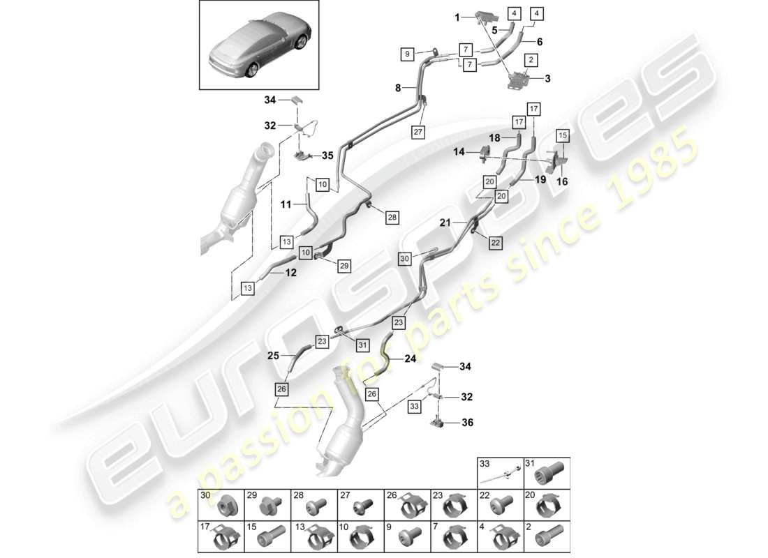 porsche 2021 (panamera 971-1) sistema di scarico sistema di trattamento dei gas di scarico sensori per veicoli con filtro antiparticolato per benzina schema delle parti