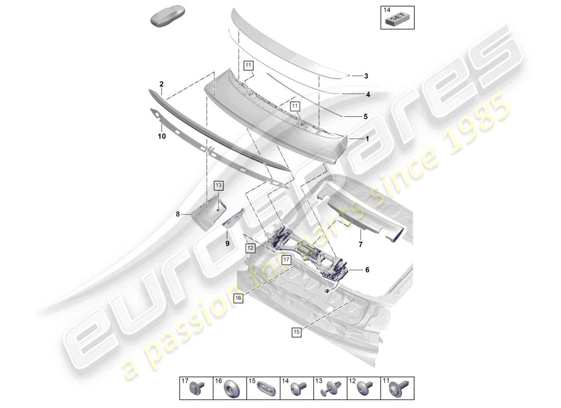 porsche 2026 (cayenne e3 pa) schema dei componenti dello spoiler posteriore basis / turbo coupe