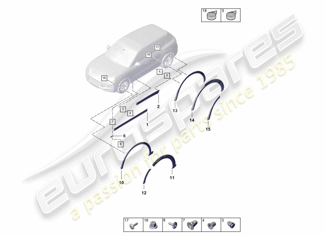 porsche 2025 (cayenne e3 pa) schema dei componenti della modanatura del passaruota per la portiera della coupe