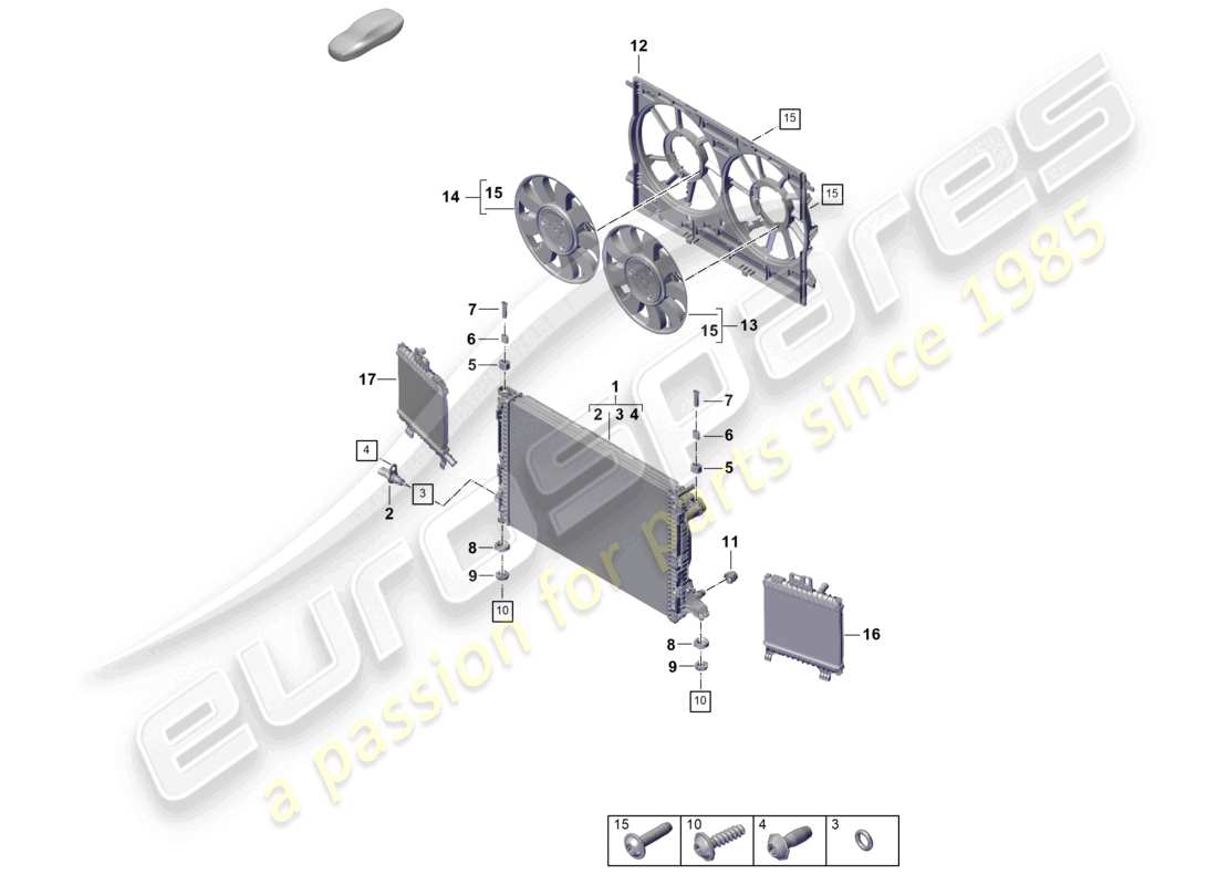 porsche 2025 (cayenne e3 pa) sistema di raffreddamento del liquido di raffreddamento radiatore per liquido di raffreddamento radiatore schema delle parti