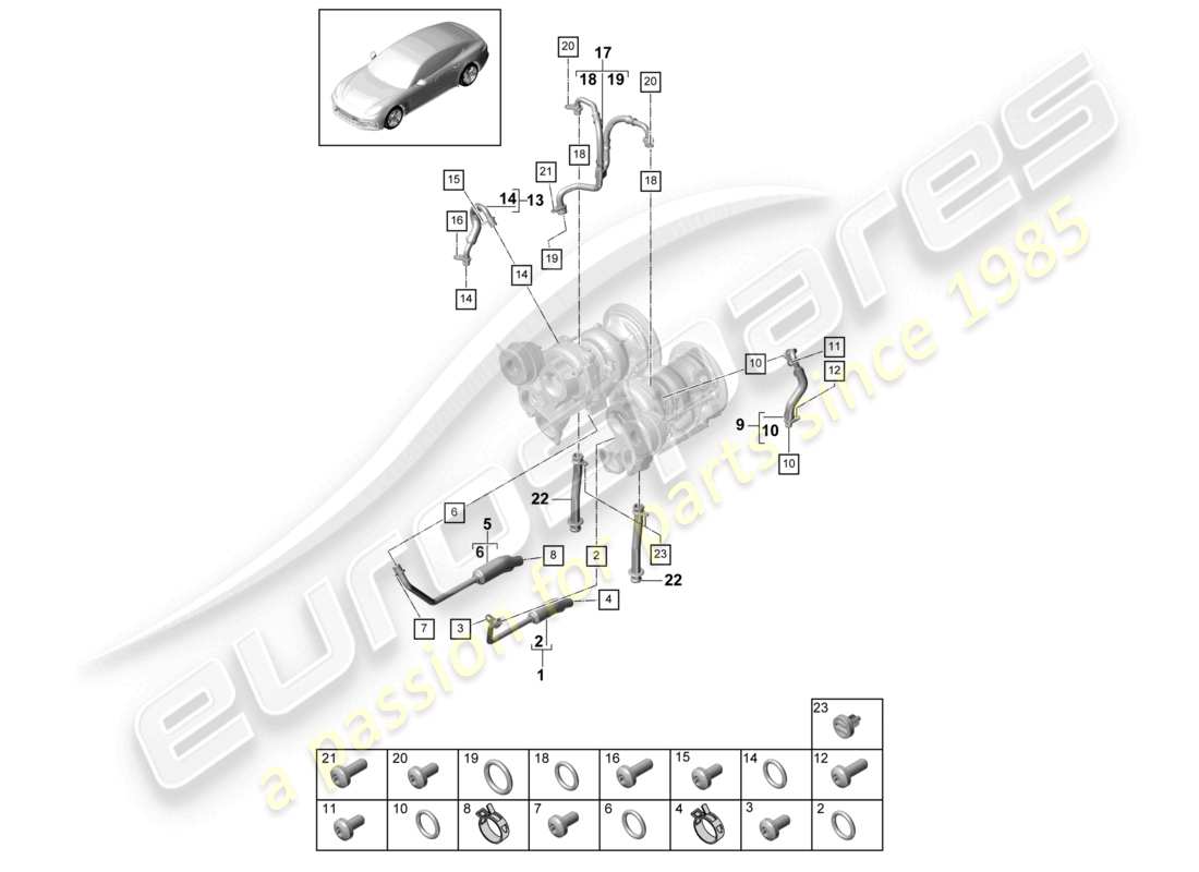 porsche 2021 (panamera 971-1) schema dei componenti del sistema di raffreddamento del liquido di raffreddamento per turbocompressore linea di pressione dell'olio per turbocompressore a gas di scarico