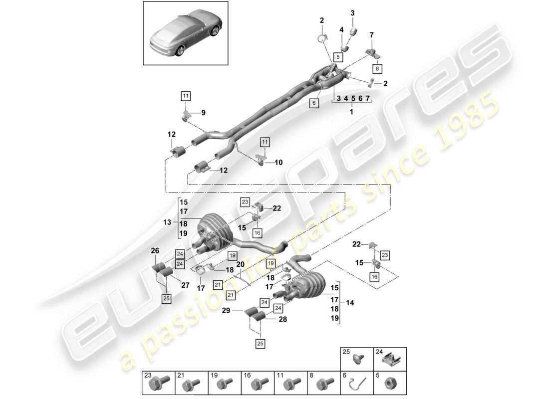 porsche 2021 (panamera 971-1) sistema di scarico versione sportiva silenziatore anteriore silenziatore posteriore terminale di scarico schema dei componenti