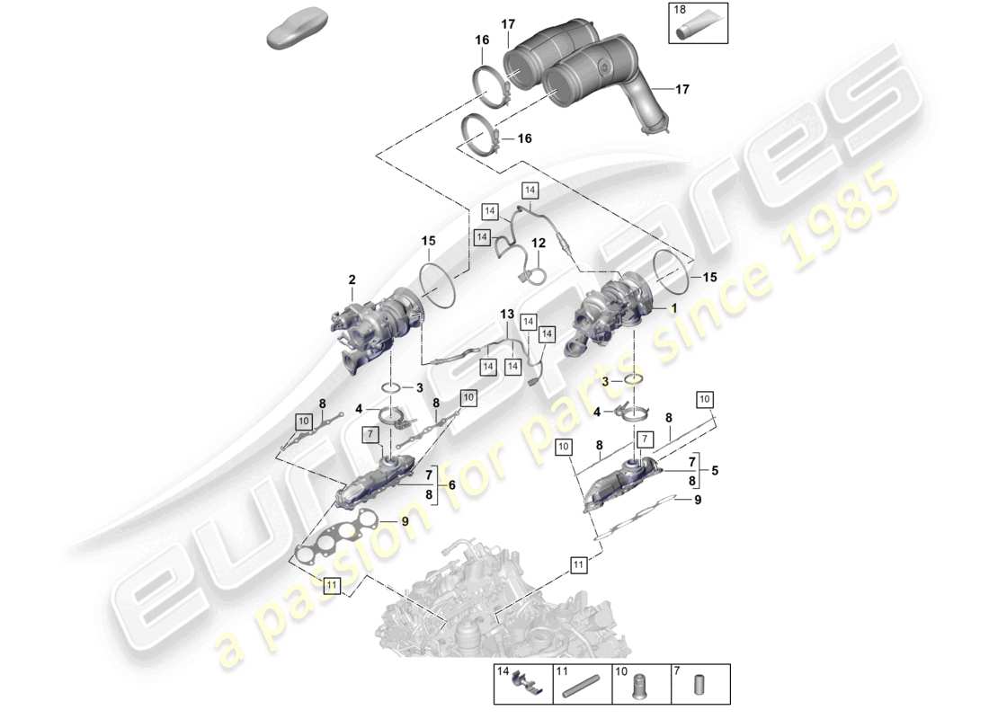 porsche 2025 (cayenne e3 pa) turbocompressore a gas di scarico collettori di scarico sonda lambda schema delle parti