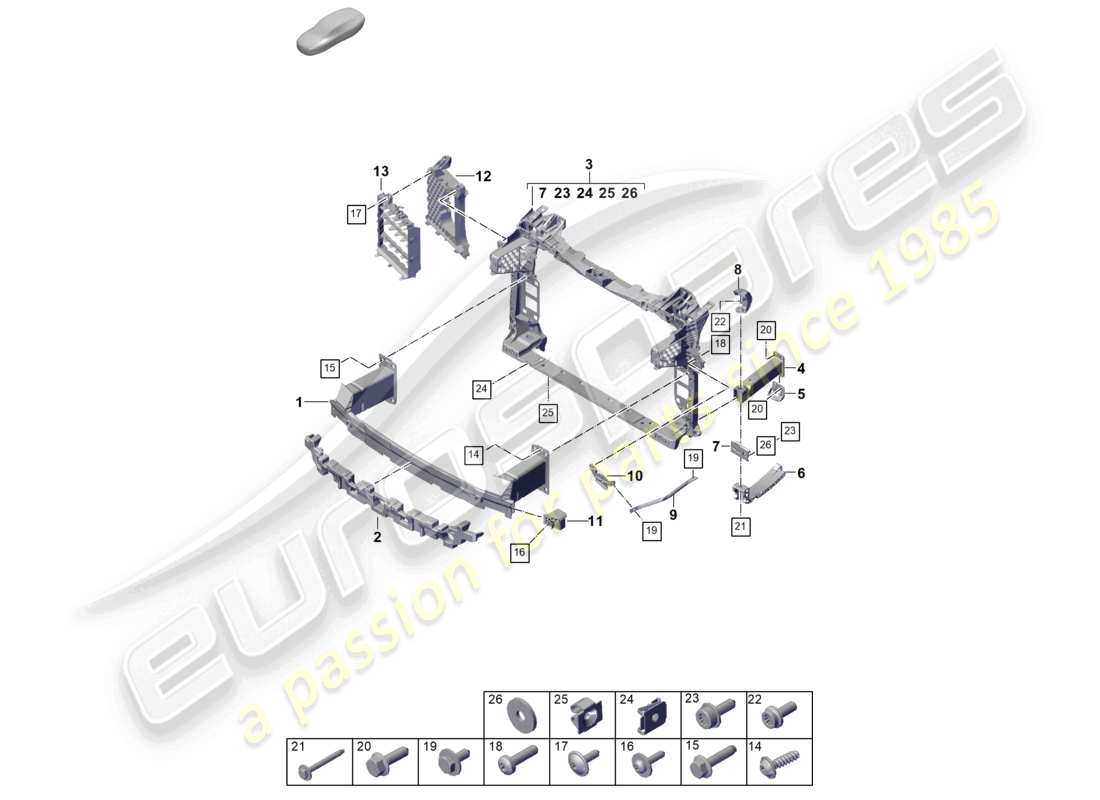 porsche 2023 (cayenne e3 pa) schema dei componenti del supporto paraurti anteriore e della staffa di montaggio