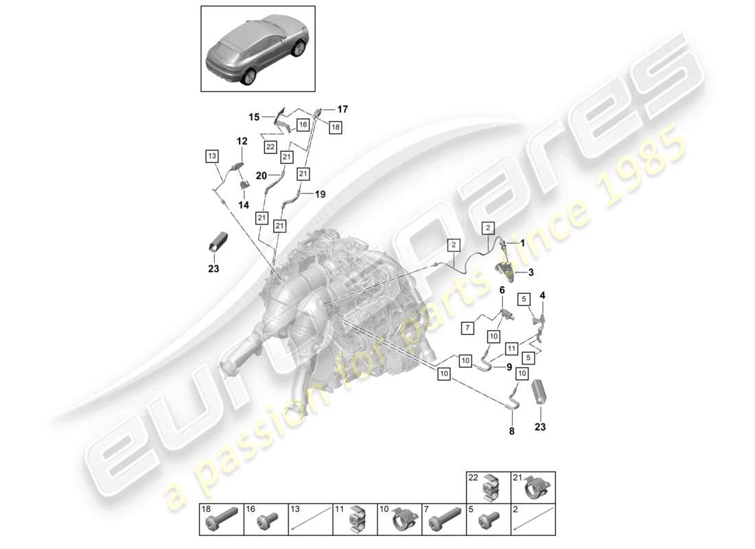 porsche 2021 (macan) trasmettitore della differenza di pressione trasmettitore della temperatura dei gas di scarico per veicoli con filtro antiparticolato per benzina schema dei componenti