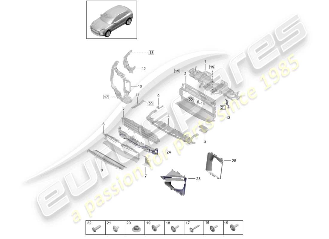 porsche 2021 (macan) supporto di raffreddamento per refrigerante guida dell'aria e supporto di bloccaggio pacchetto sport design diagramma delle parti