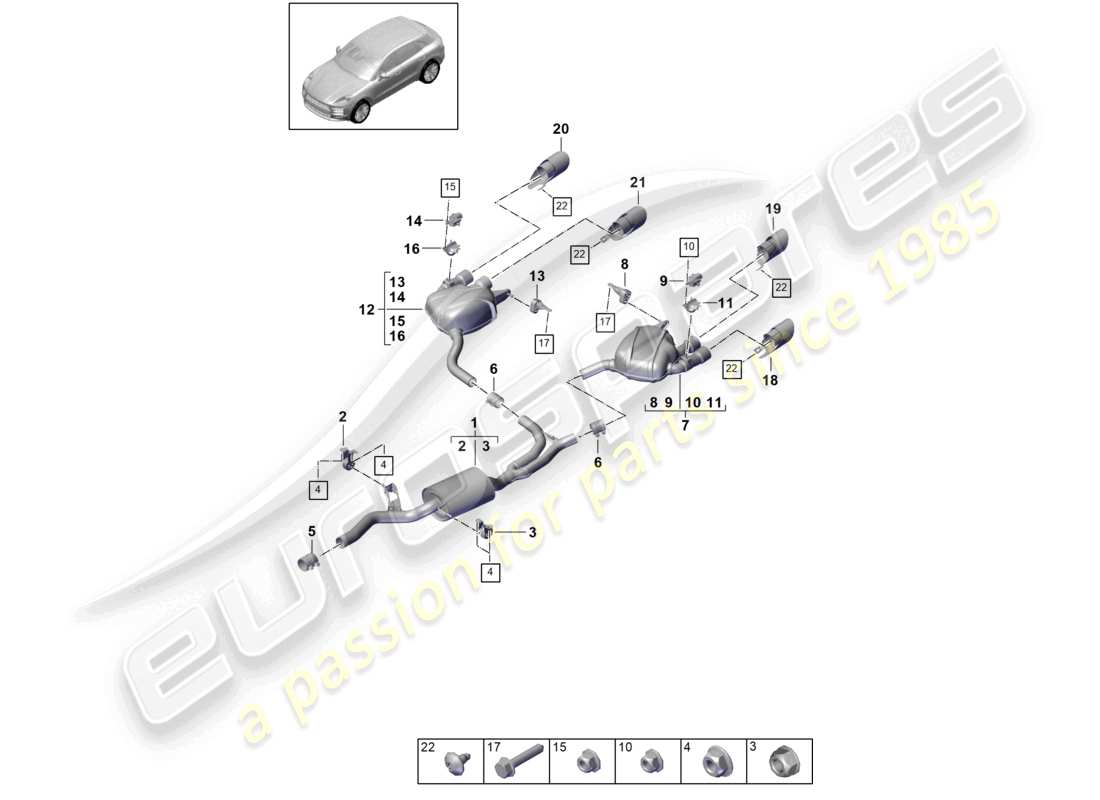 porsche 2021 (macan) sistema di scarico tubo di scarico silenziatore posteriore diagramma delle parti