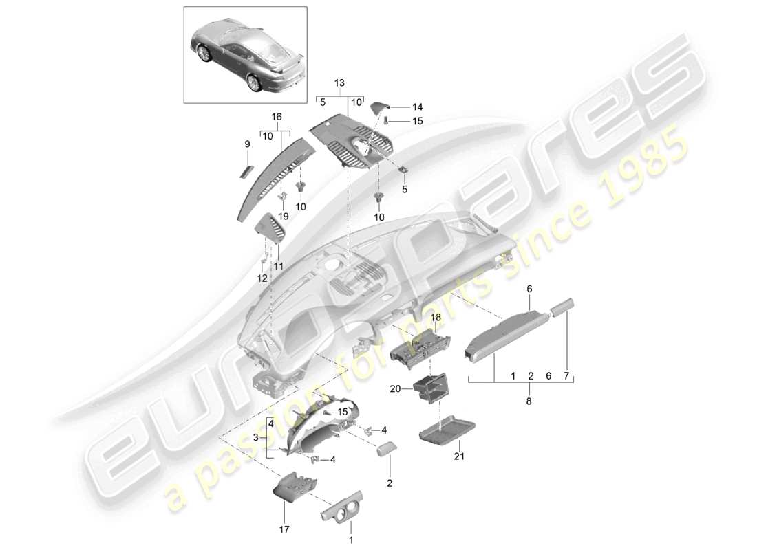 porsche 2021 (991-2 r/gt3/rs) accessori quadro strumenti schema delle parti