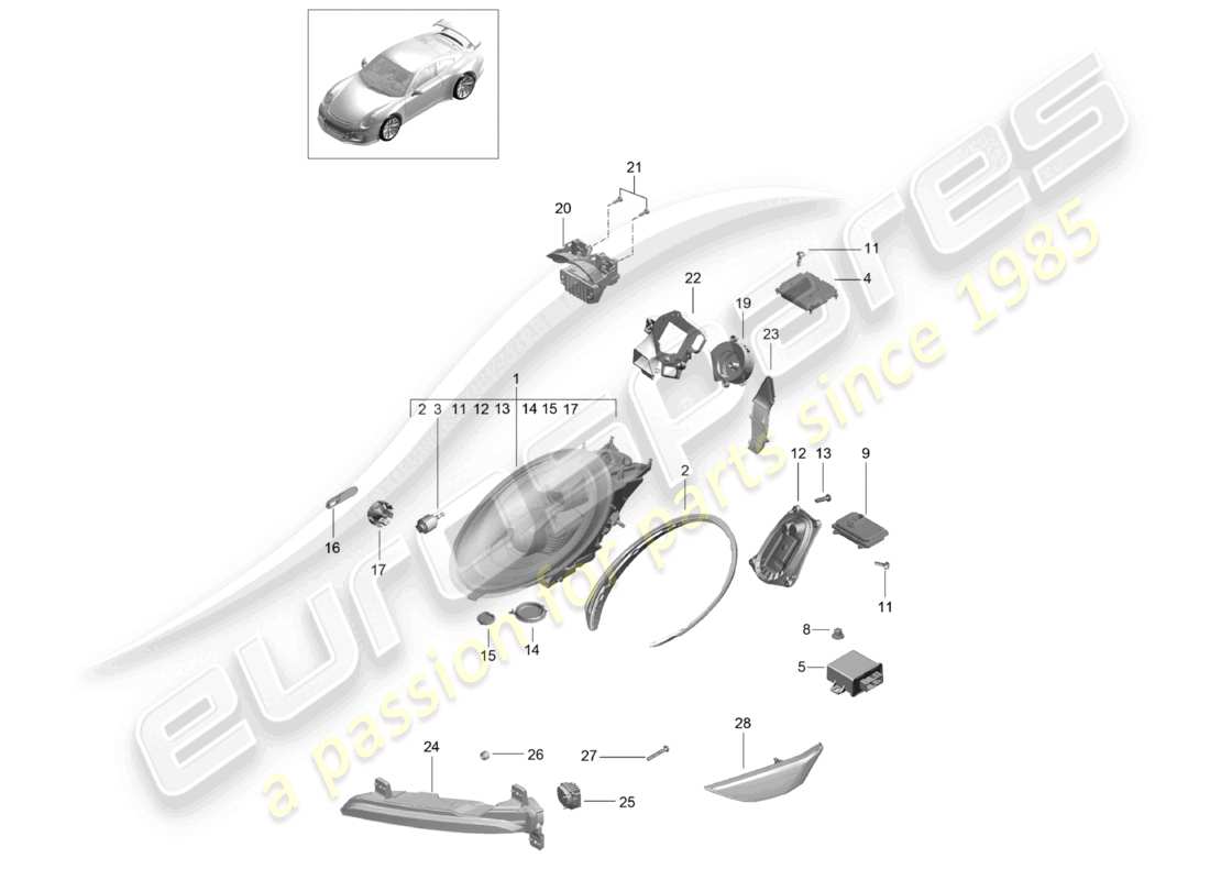 porsche 2021 (991-2 r/gt3/rs) fari anteriori faro supplementare indicatore di direzione luce di posizione laterale ripetitore di direzione d - mj 2018>> schema dei componenti