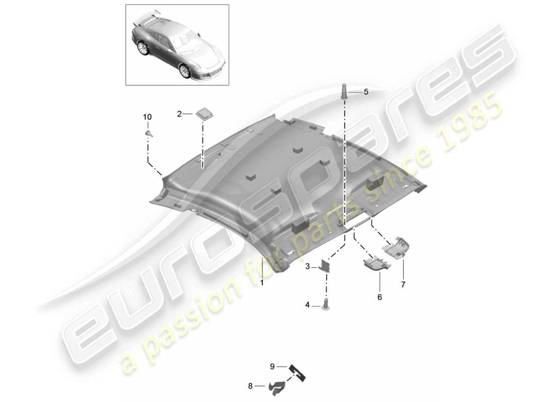 porsche 2021 (991-2 r/gt3/rs) rivestimento del tetto diagramma delle parti