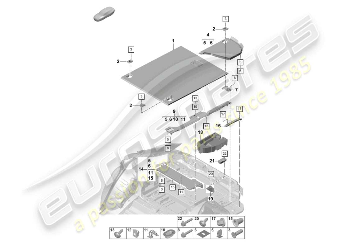 porsche 2021 (panamera 971-2) schema delle parti inferiori del rivestimento del bagagliaio
