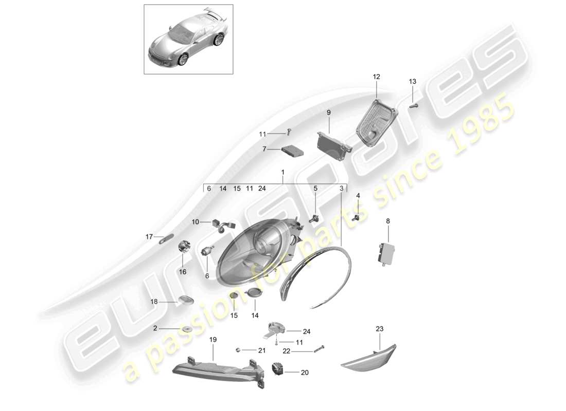 porsche 2021 (991-2 r/gt3/rs) fari anteriori faro supplementare indicatore di direzione luce di posizione laterale ripetitore di direzione d - mj 2018>> schema dei componenti