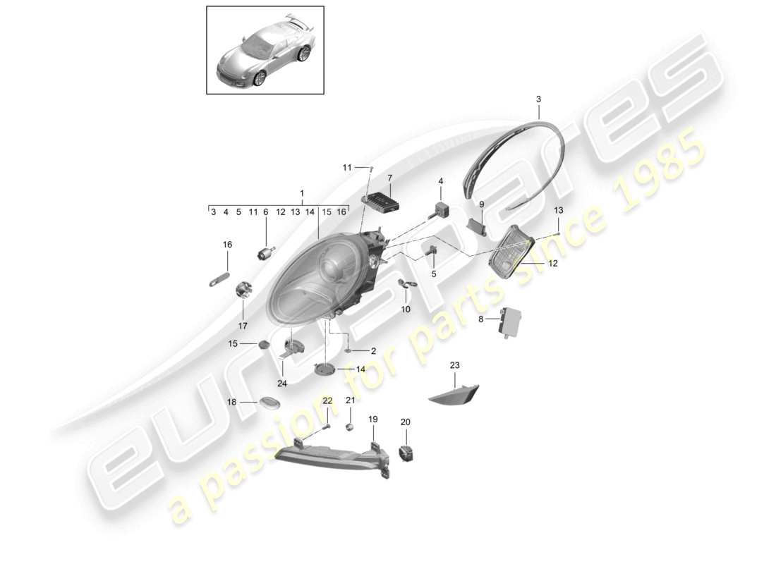 porsche 2021 (991-2 r/gt3/rs) fari anteriori faro supplementare indicatore di direzione luce di posizione laterale ripetitore di direzione d - mj 2018>> schema dei componenti