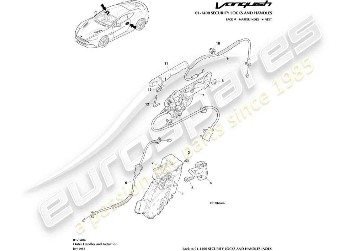 aston martin vanquish (2017) maniglie esterne e diagramma delle parti di attuazione