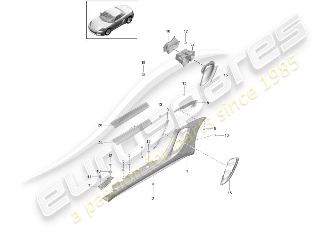porsche 2026 (718 boxster) schema delle parti del vano motore del rivestimento del longherone e della guida dell'aria