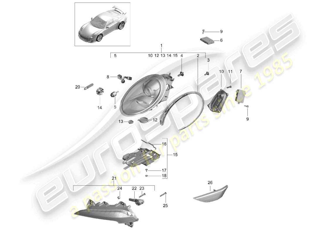 porsche 2021 (991-2 r/gt3/rs) fari anteriori faro supplementare indicatore di direzione luce di posizione laterale ripetitore di direzione d >>- mj 2017 schema delle parti
