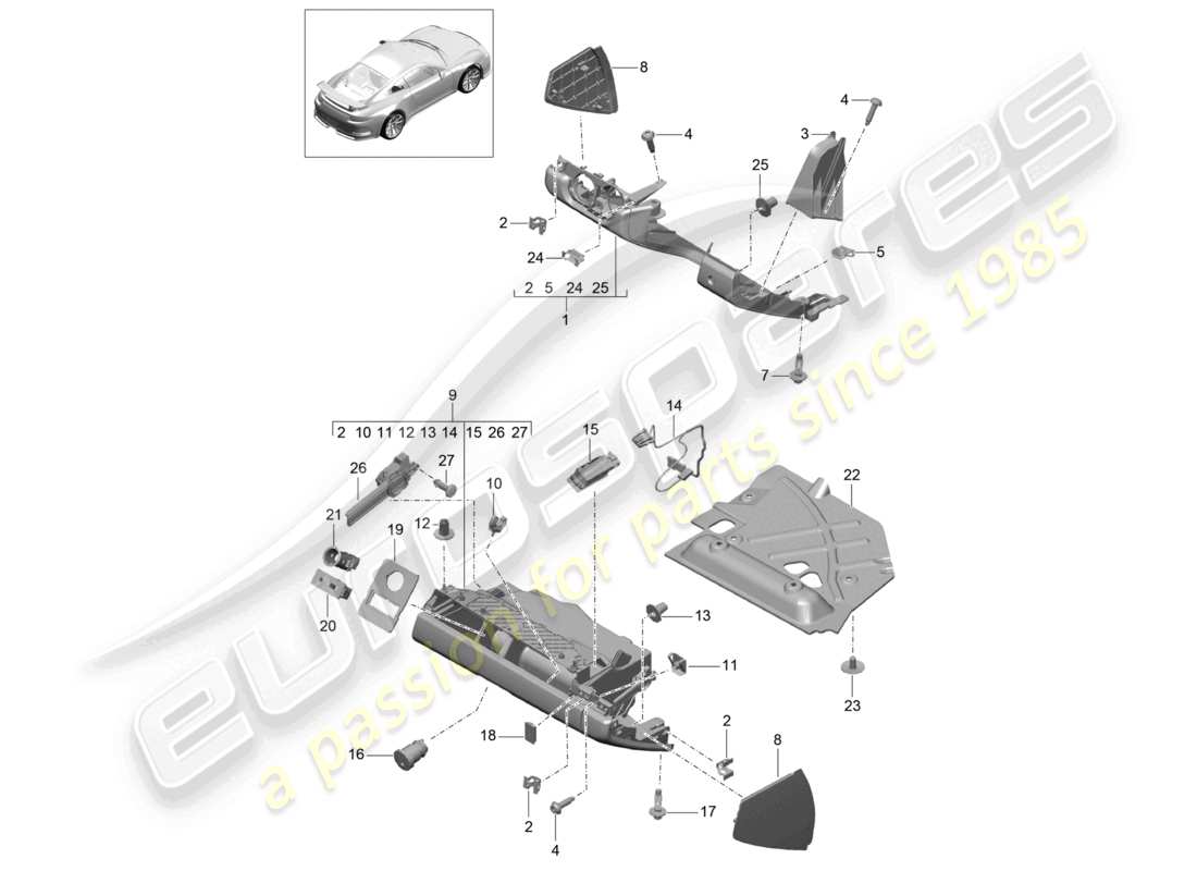 porsche 2021 (991-2 r/gt3/rs) schema delle parti del vano portaoggetti e del rivestimento (lato conducente)