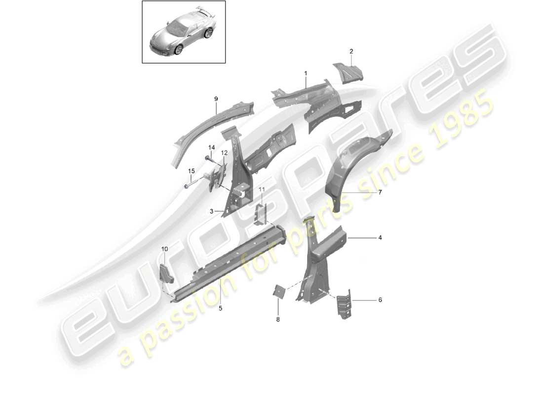 porsche 2021 (991-2 r/gt3/rs) diagramma della parte interna della parte laterale