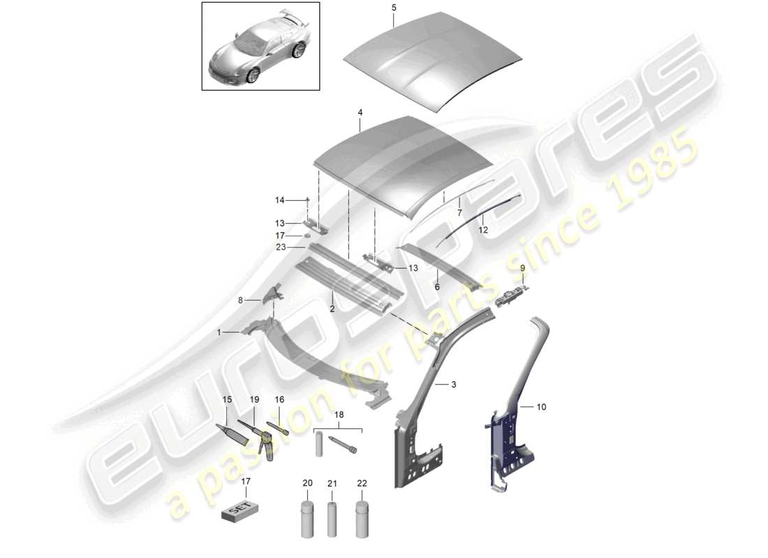 porsche 2021 (991-2 r/gt3/rs) schema delle parti del tetto del portello