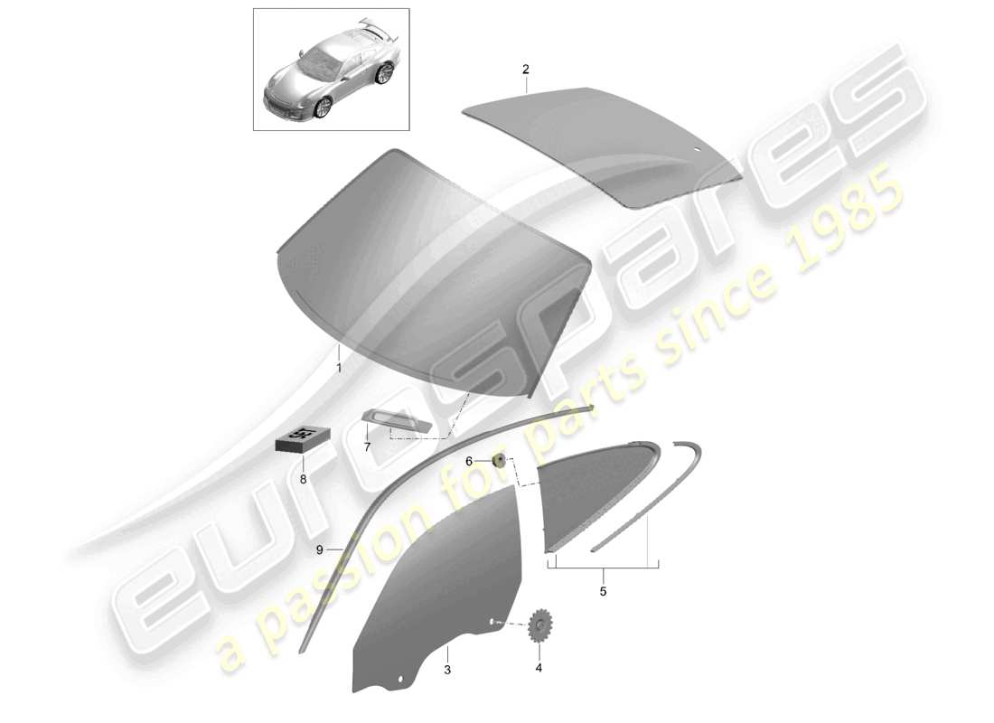 porsche 2021 (991-2 r/gt3/rs) parabrezza finestrino laterale lunotto posteriore d - mj 2017>> schema delle parti