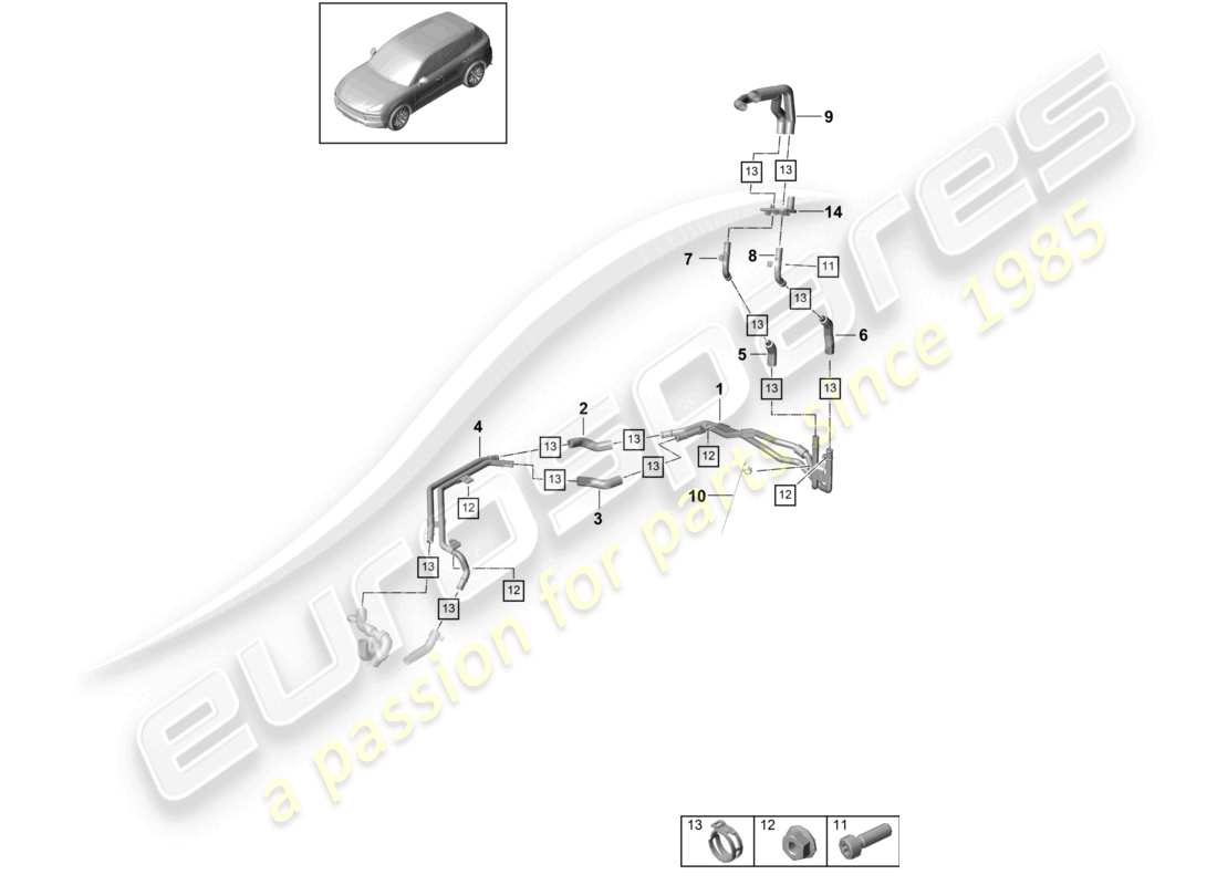 porsche 2023 (cayenne e3 9ya/9yb) riscaldatore v6 parte posteriore circuito a bassa temperatura per veicoli con trazione ibrida schema dei componenti