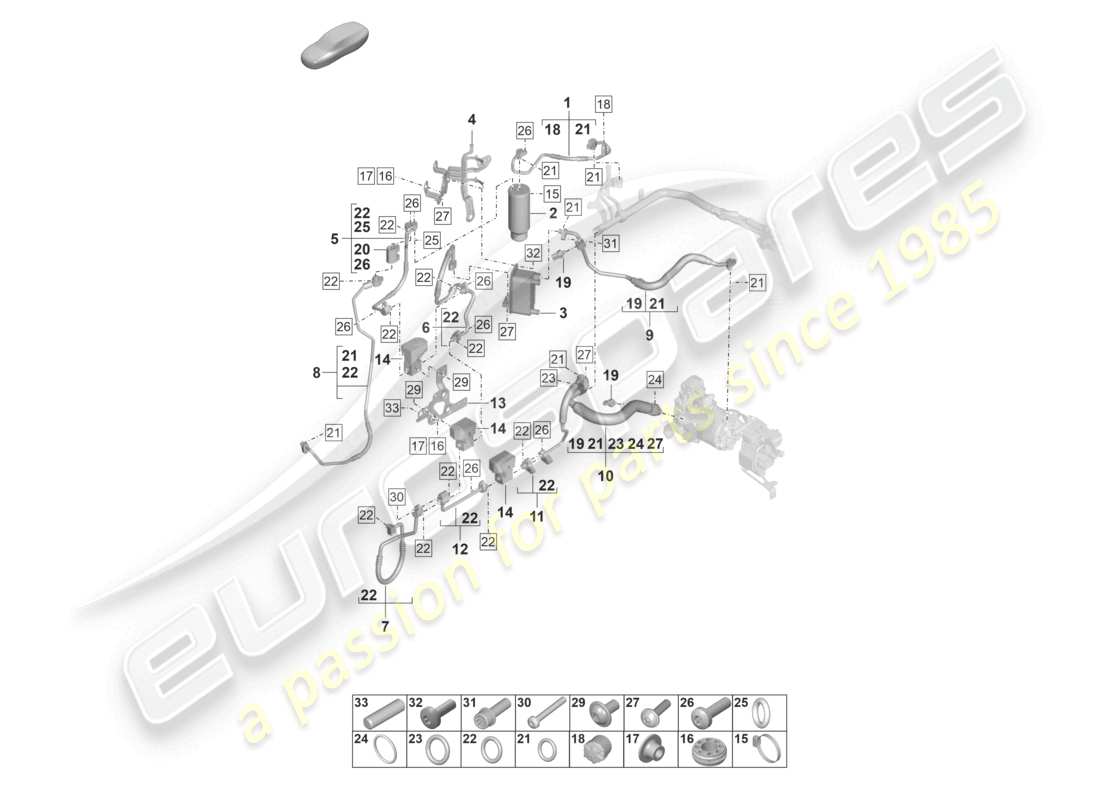 porsche 2020 (taycan 9j1-1) aria condizionata linea refrigerante inserto essiccatore con parti di fissaggio con: pompa di calore r1234yf refrigerante diagramma delle parti
