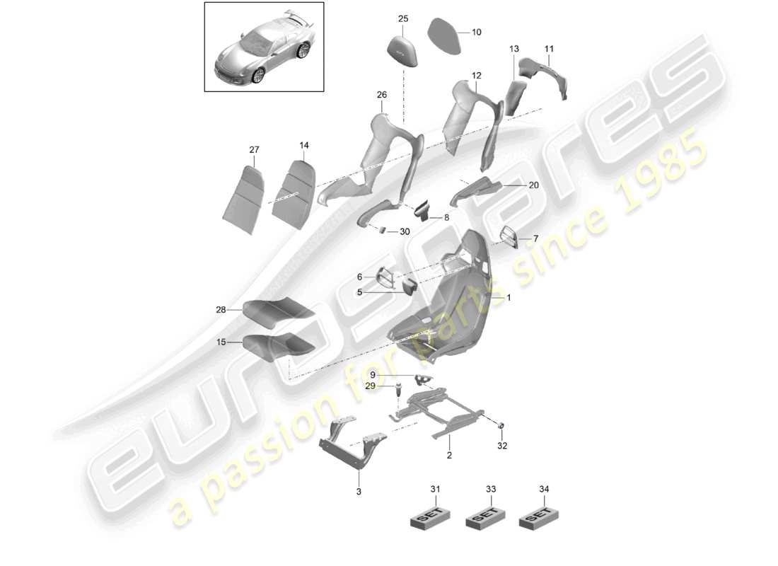 porsche 2021 (991-2 r/gt3/rs) sedile a secchiello telaio del sedile coprisedili coprisedili parte in schiuma diagramma delle parti
