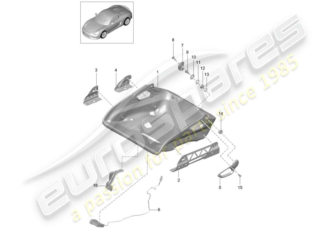 porsche 2024 (718 boxster spyder) sedile a secchiello, scocca del sedile, sedile pieghevole, schema delle parti