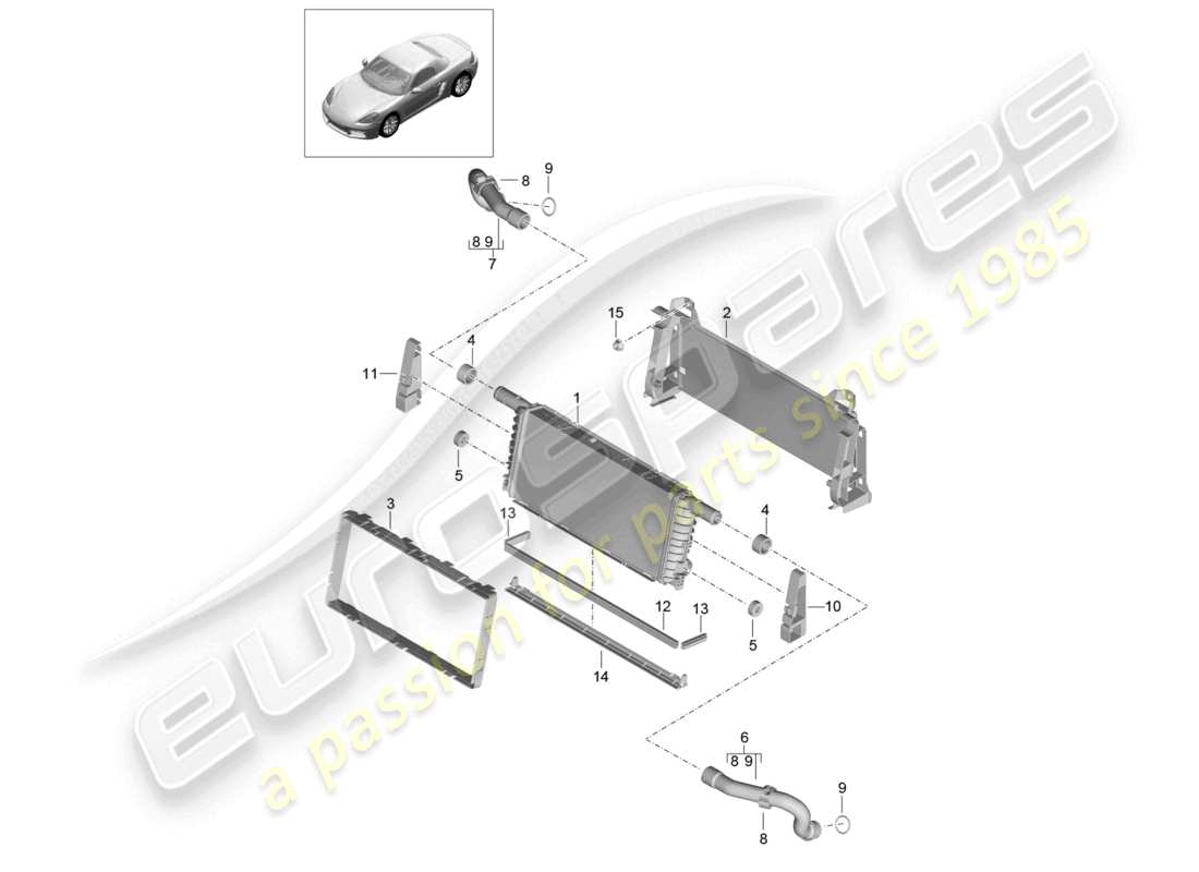 porsche 2024 (718 boxster) schema delle parti del radiatore per il centro del refrigerante