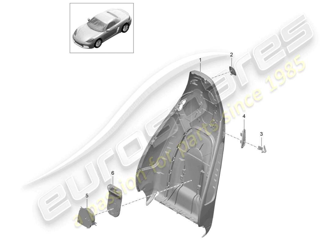porsche 2025 (718 boxster) schema delle parti degli accessori del sedile sportivo con scocca dello schienale