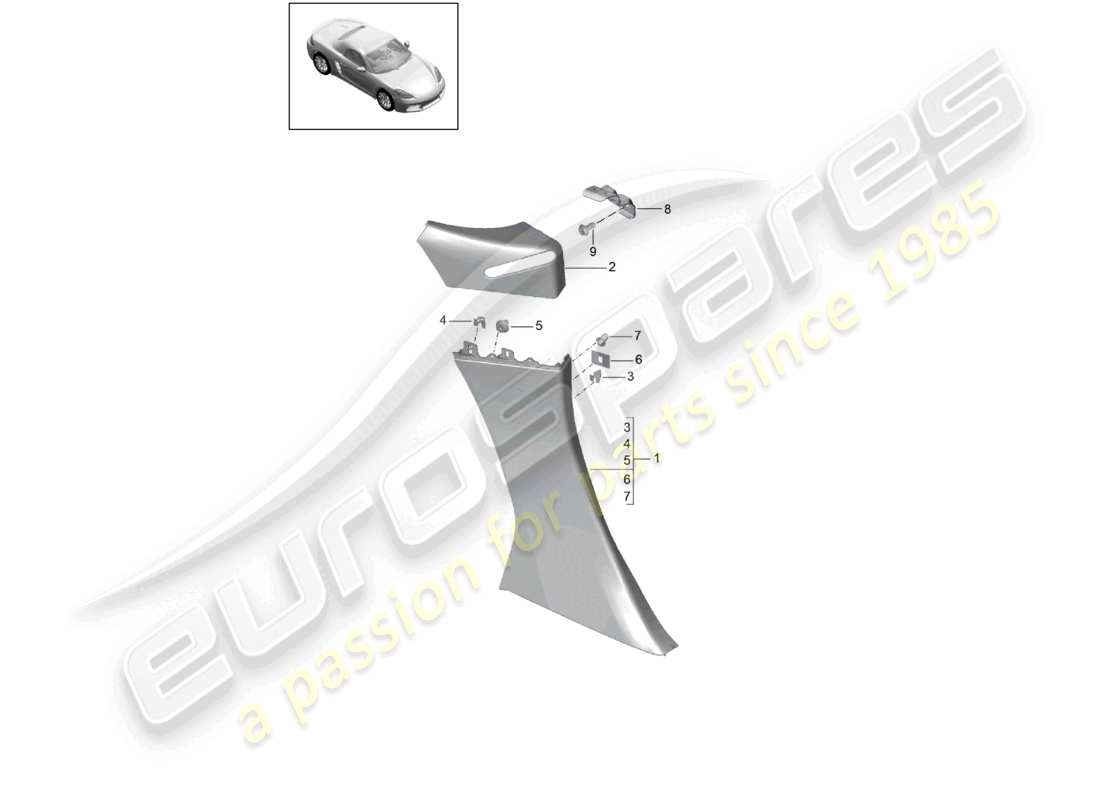 porsche 2025 (718 boxster) schema delle parti del montante b del rivestimento del pannello laterale