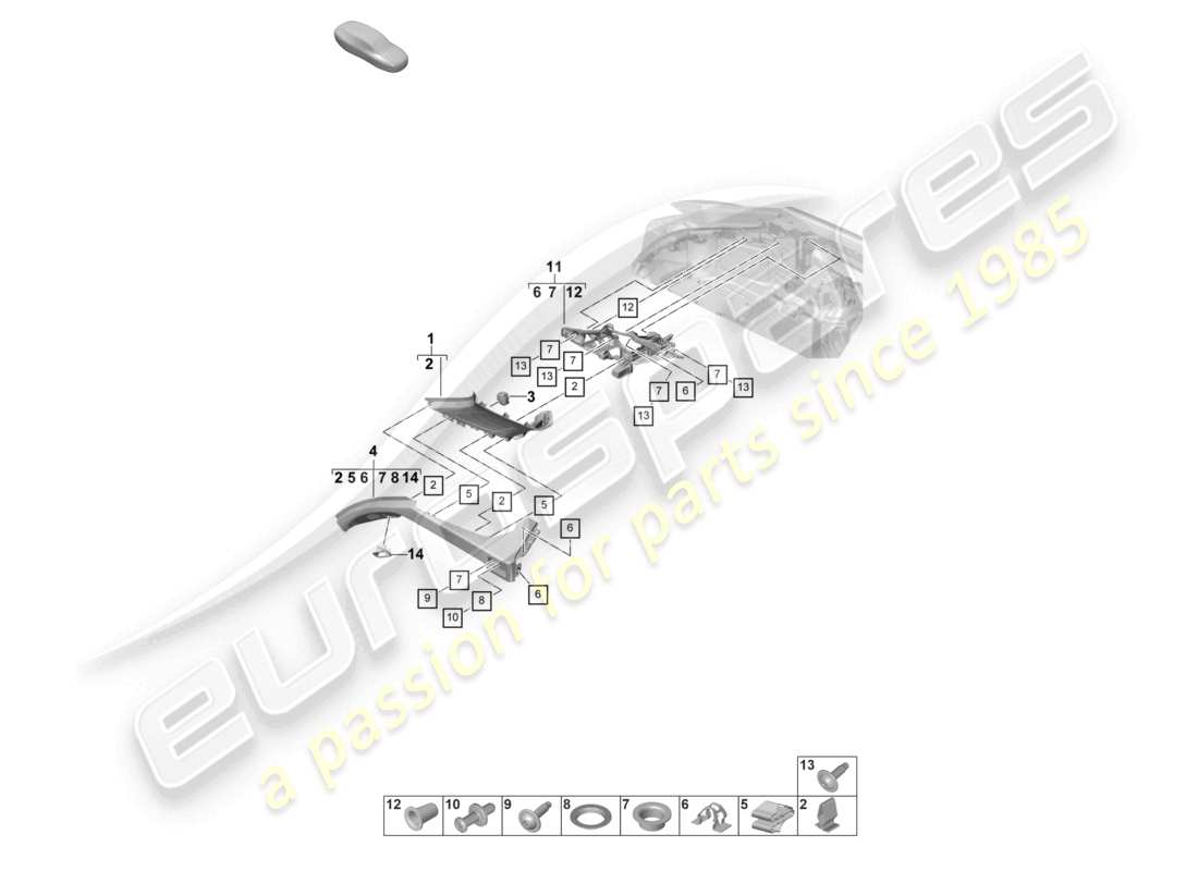 porsche 2024 (panamera 971-2) schema dei componenti del vano bagagli laterale del rivestimento del montante d