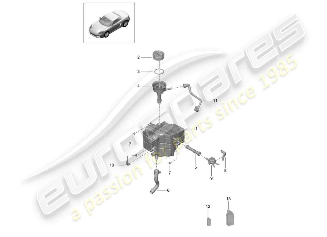 porsche 2023 (718 boxster) sistema di raffreddamento del liquido di raffreddamento serbatoio di espansione del liquido di raffreddamento diagramma delle parti