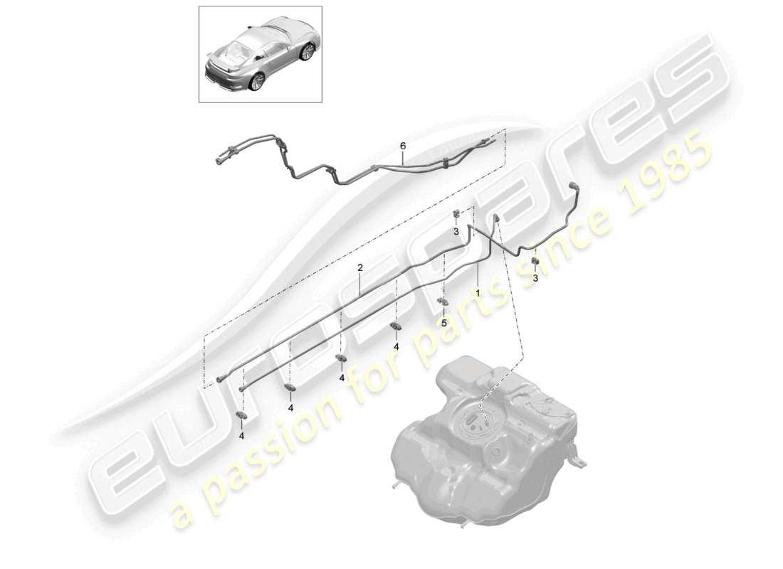 porsche 2021 (991-2 r/gt3/rs) schema delle parti del sistema di alimentazione del carburante anteriore