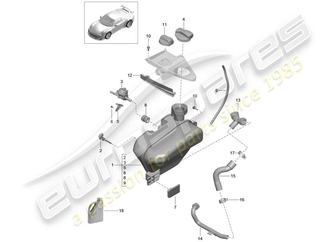 porsche 2021 (991-2 r/gt3/rs) sistema di raffreddamento del liquido di raffreddamento serbatoio diagramma delle parti