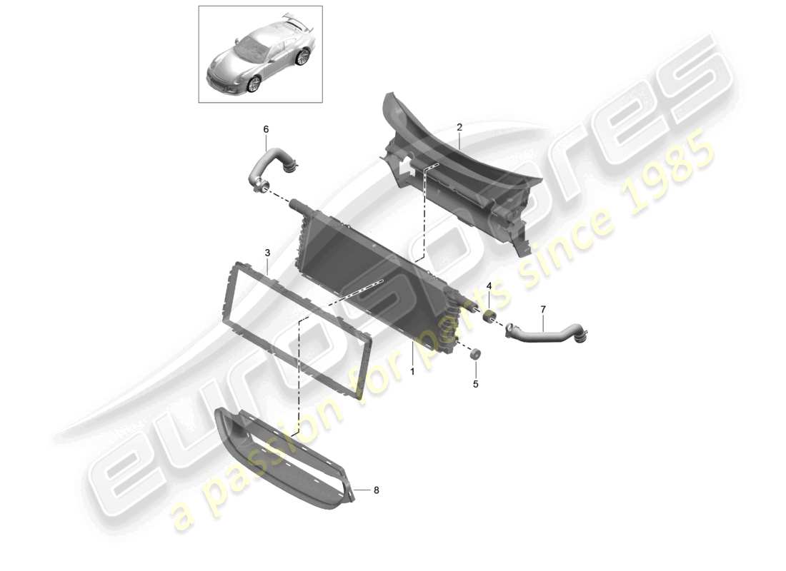 porsche 2021 (991-2 r/gt3/rs) schema delle parti del radiatore per il centro del refrigerante
